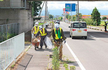 歩道の草刈りと清掃