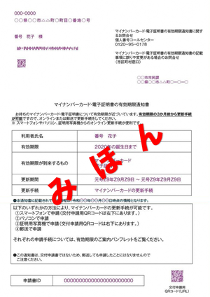 マイナンバーカード・電子証明書の有効期限通知書サンプル