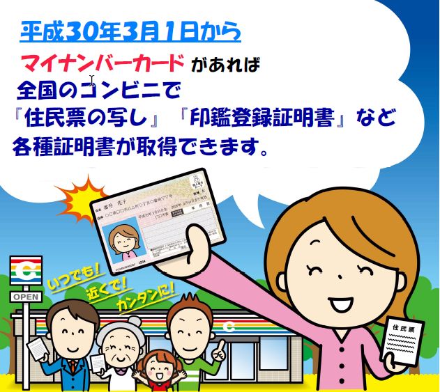 平成30年3月1日からコンビニ交付サービスを開始します。サービスを利用するには、マイナンバーカードが必要です。早めにご用意ください。マイナンバーカードがお手元に届くまでに一か月半程度かかります。