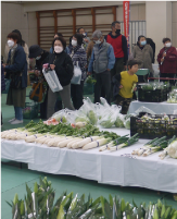 野菜が並べられ販売している写真