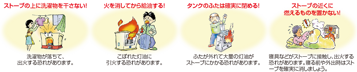 暖房器具による火災を防ぐための大切なポイントのイラスト　ストーブの上に洗濯物を干さない　火を消してから給油する　給油タンクのふたは確実に閉める　ストーブの近くに燃えるものを置かない　を心がけましょう