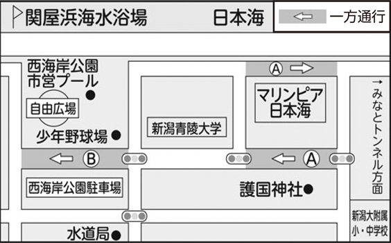 マリンピア日本海・関屋浜海水浴場周辺マップ