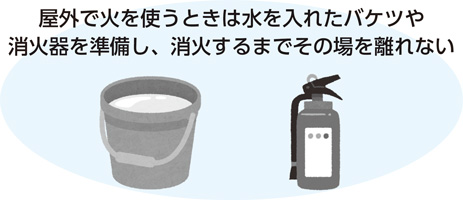 屋外で火を使うときは水を入れたバケツや消火器を準備し、消火するまでその場を離れない