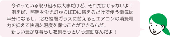 今やっている取り組みは大事だけど、それだけじゃないよ！例えば、照明を蛍光灯からLEDに替えるだけで使う電気は半分になるし、窓を複層ガラスに替えるとエアコンの消費電力を抑えて快適な温度を保つことができるんだ。新しい豊かな暮らしを創ろうという運動なんだよ！